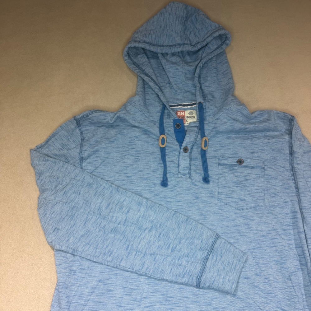 RuffHewn Mens Blue Space Dye Cotton Henley Hoodie Lightweight Pullover Large